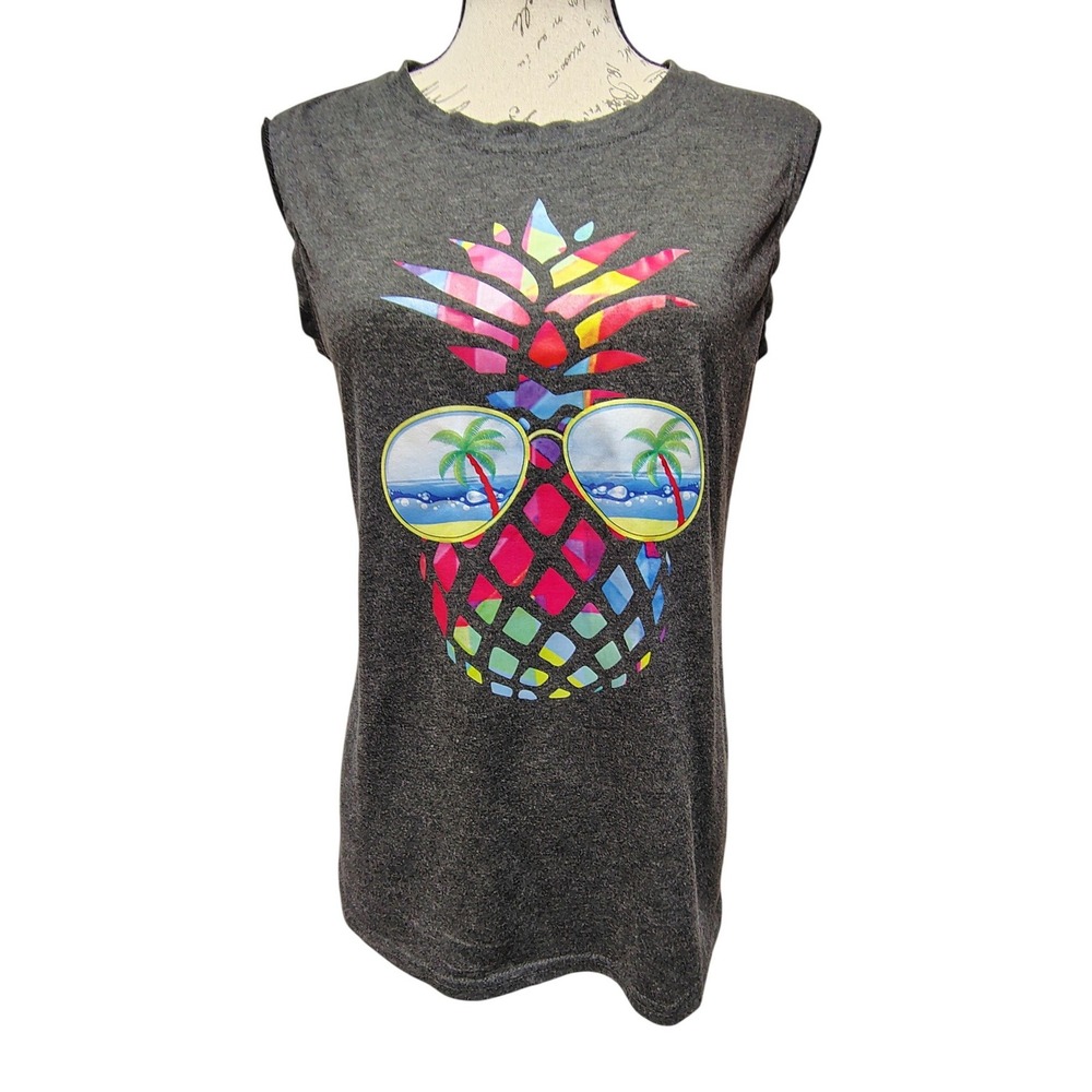 Womens Rainbow Pineapple Graphic Sleeveless T-Shirt Tank Top Medium Summer Beach